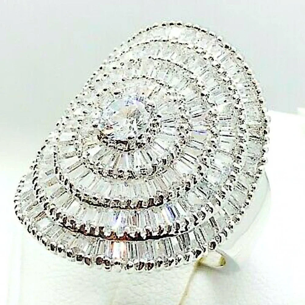 Sterling Silver Multi Layer Zircon Baguette Statement Ring